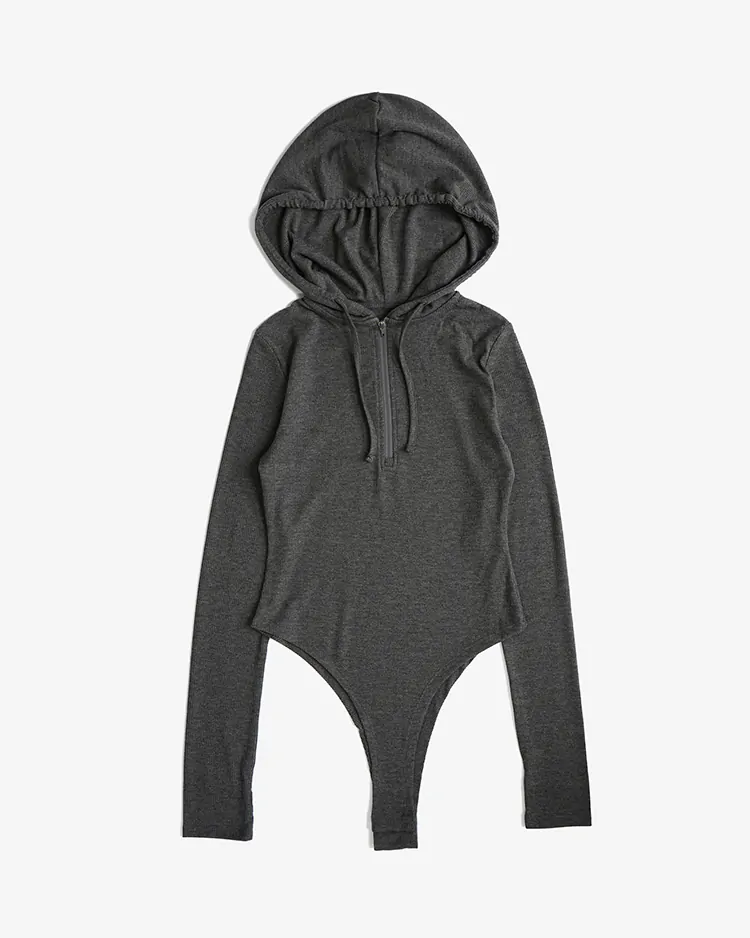 TW / Hood Rib Half Zip Bodysuit / CHACOAL
