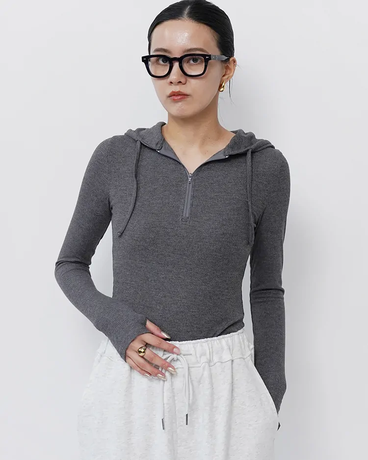TW / Hood Rib Half Zip Bodysuit / CHACOAL