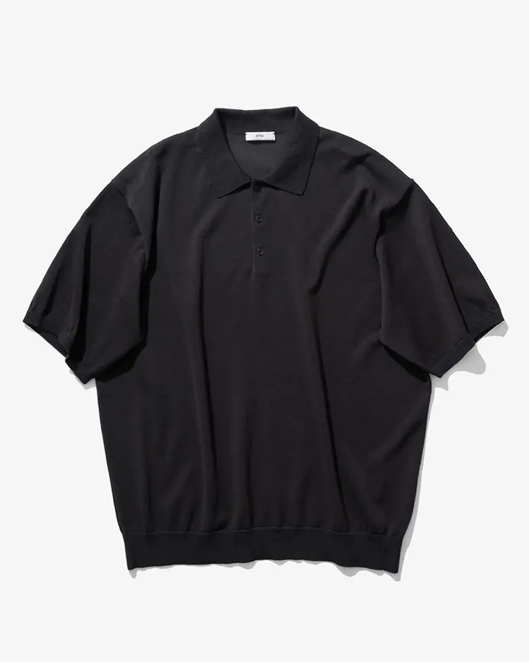 ATON (MEN) / COTTON WASHI KNIT HALF SLEEVE POLO SWEATER / CHARCOAL GRAY